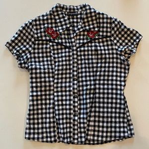 Sourpuss black & white gingham button up shirt.